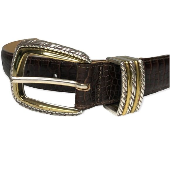 Brighton Croc Embossed Brown Leather Belt with Silver & Gold Tone Buckle Size S - Picture 2 of 7